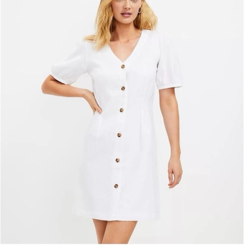 White Linen Button-Front V-Neck Dress with Puff Sleeves | LOFT | Size 8